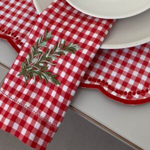 Guardanapo percal bordado - xadrez de vermelho e branco - alecrim