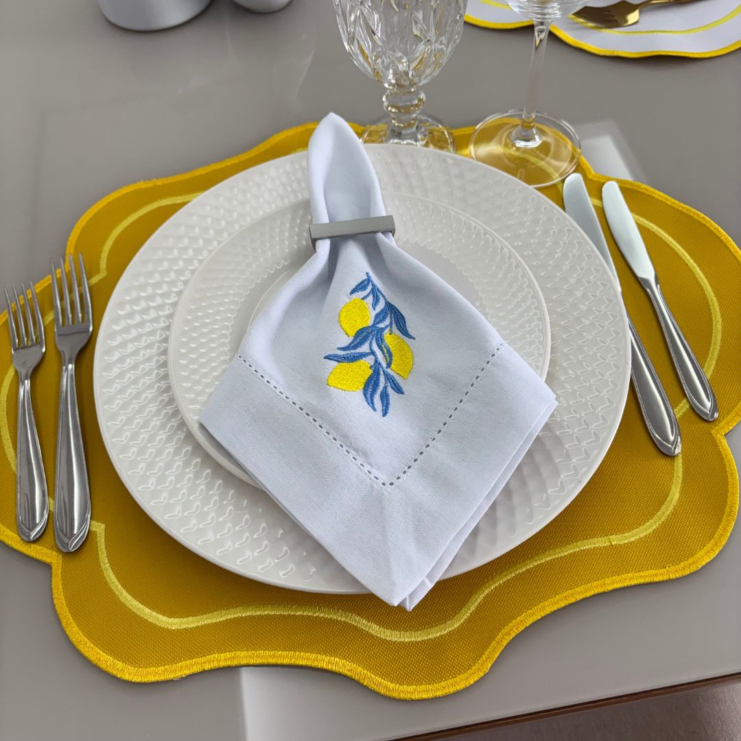 Guardanapo linho misto bordado - branco - limão siciliano folhas azuis - Imagem 4