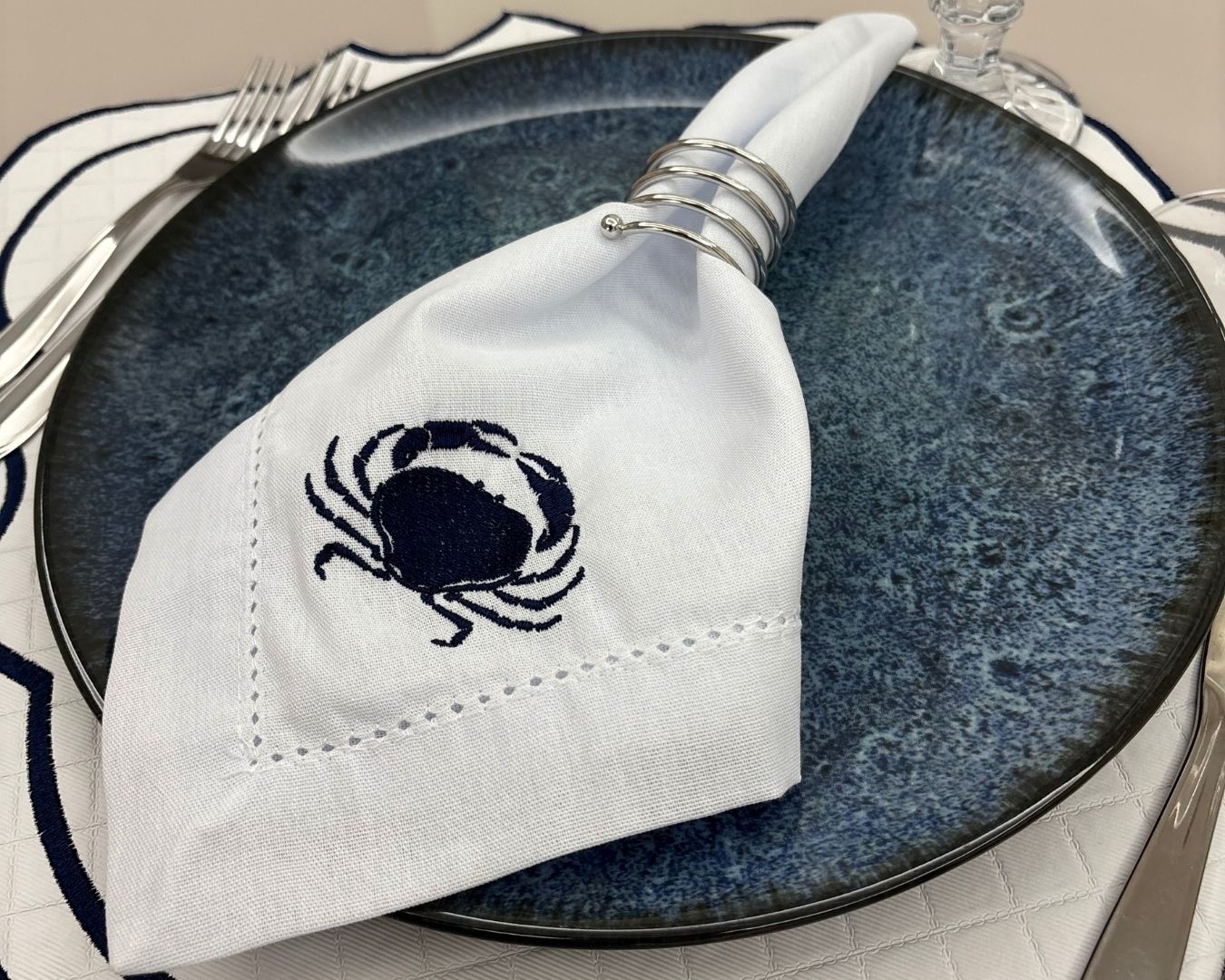 Guardanapo linho misto bordado - branco - fundo do mar