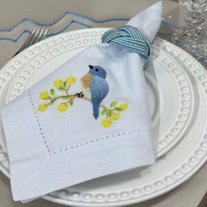 Guardanapo linho misto bordado - branco - pássaro azul