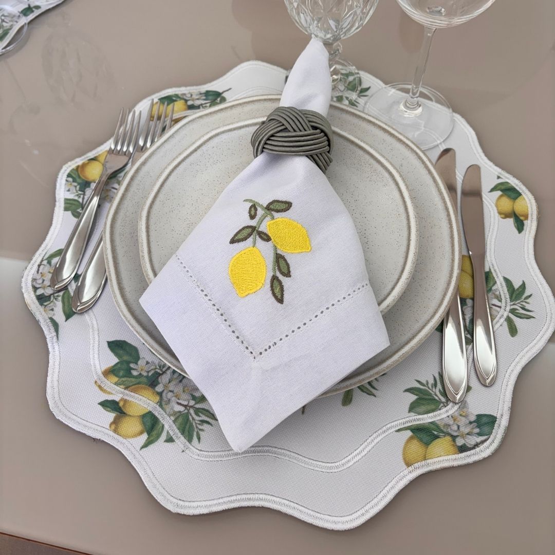 Lugar Americano Lemon - 2 faces - verde musgo /branco estampado com limão siciliano com bordado branco - Imagem 3