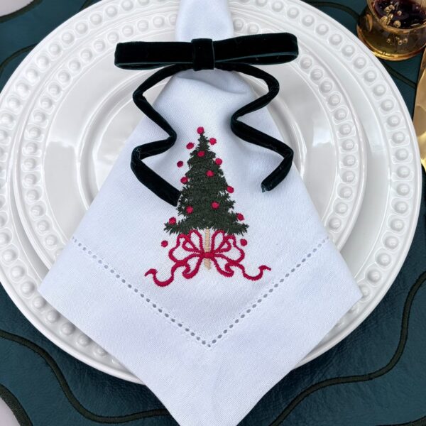 Guardanapo linho misto bordado - branco - pinheiro de natal com laço  bordado